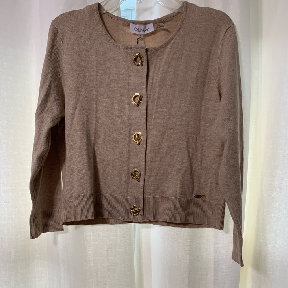 Women’s Calvin Klein Khaki Cardigan with gold accents size small-NWT